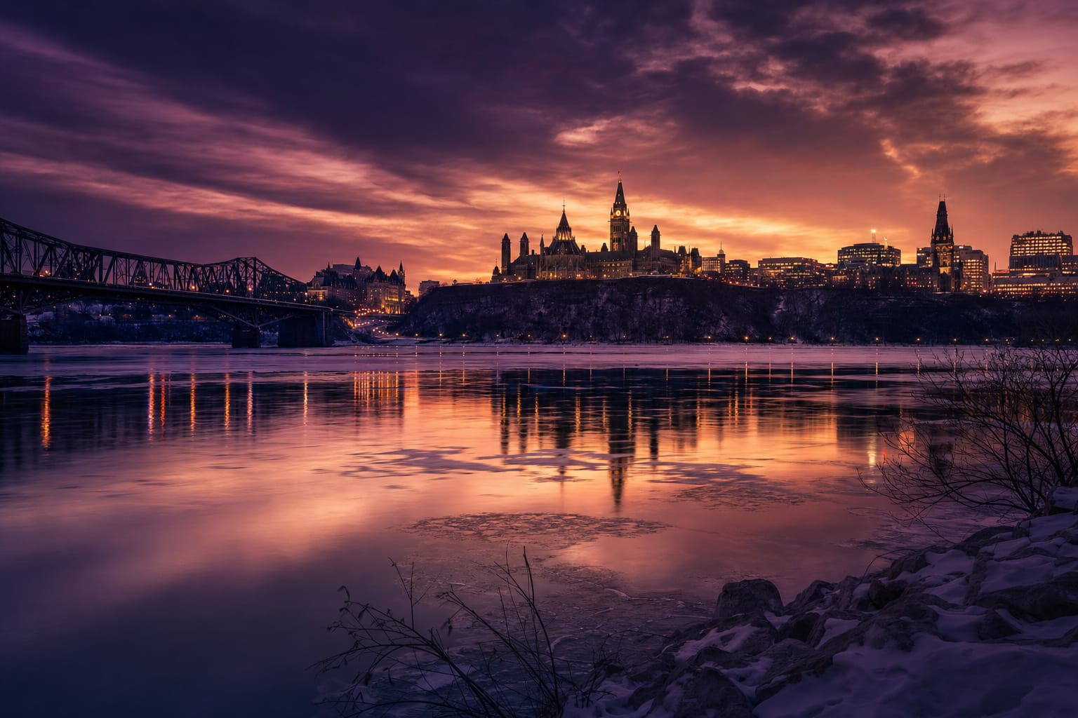 A Canadian city skyline silhouette across a broad river at dusk under a violet sky