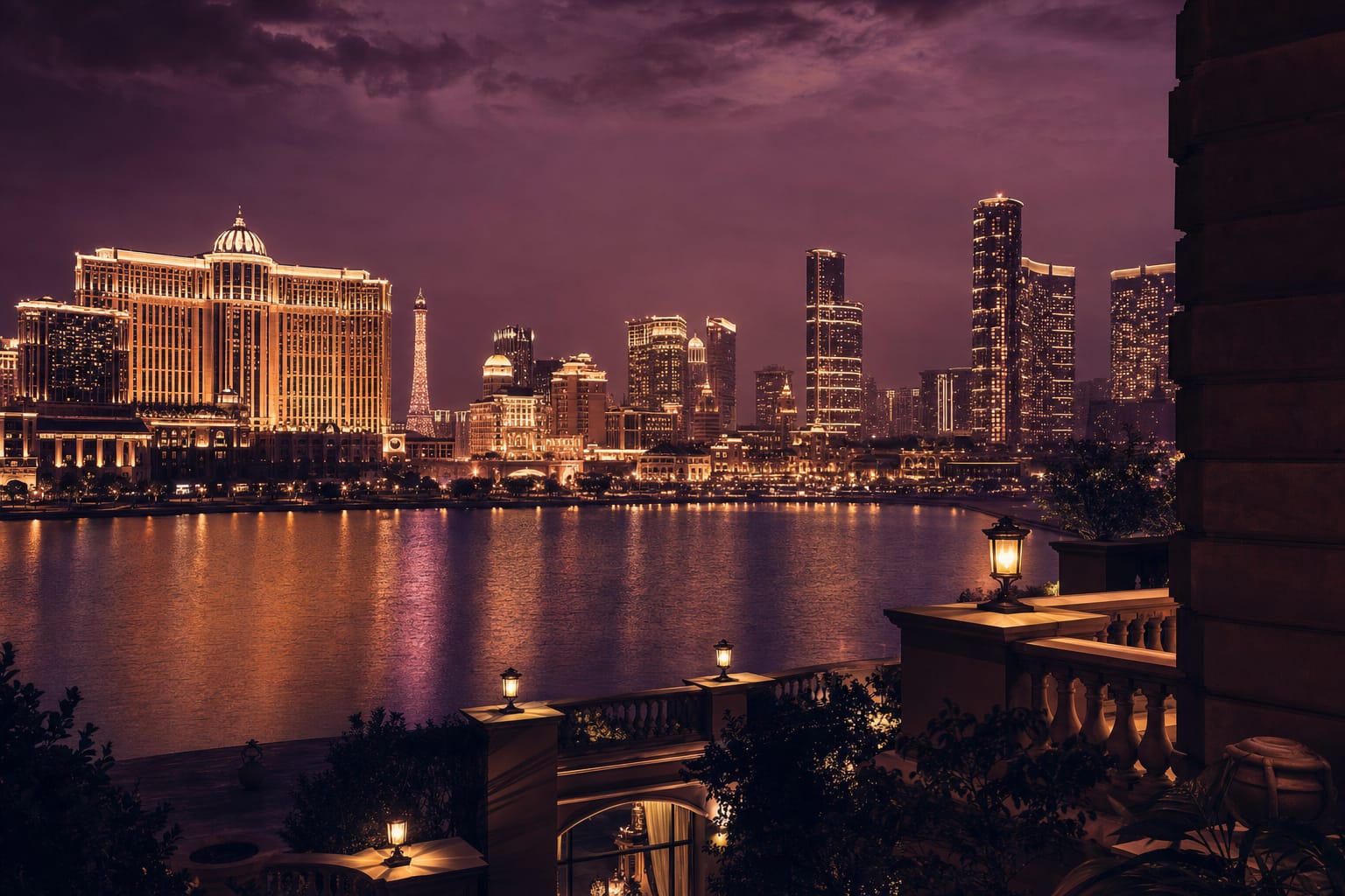 A grand entertainment-district skyline glittering with golden lights across calm water at dusk