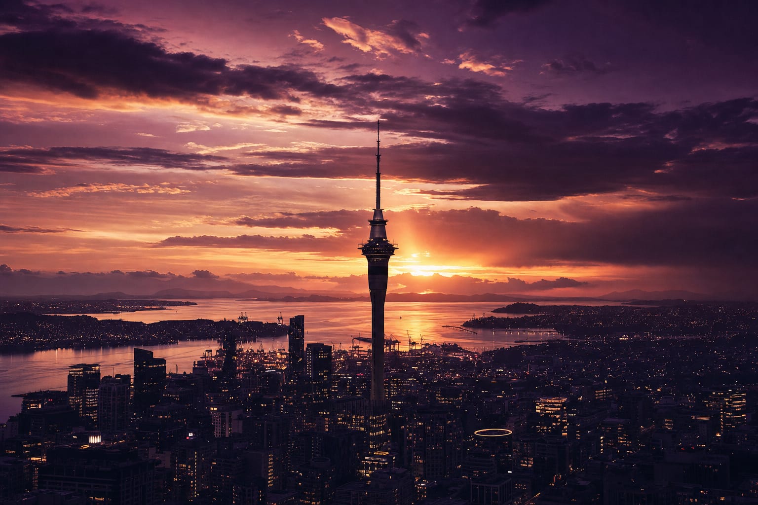 A slender tower silhouette above a New Zealand harbour city at dusk