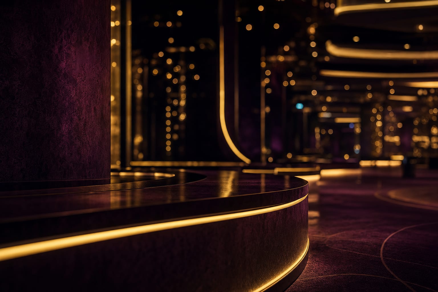 A modern gaming hall interior at night rendered as warm golden bokeh against deep plum shadow