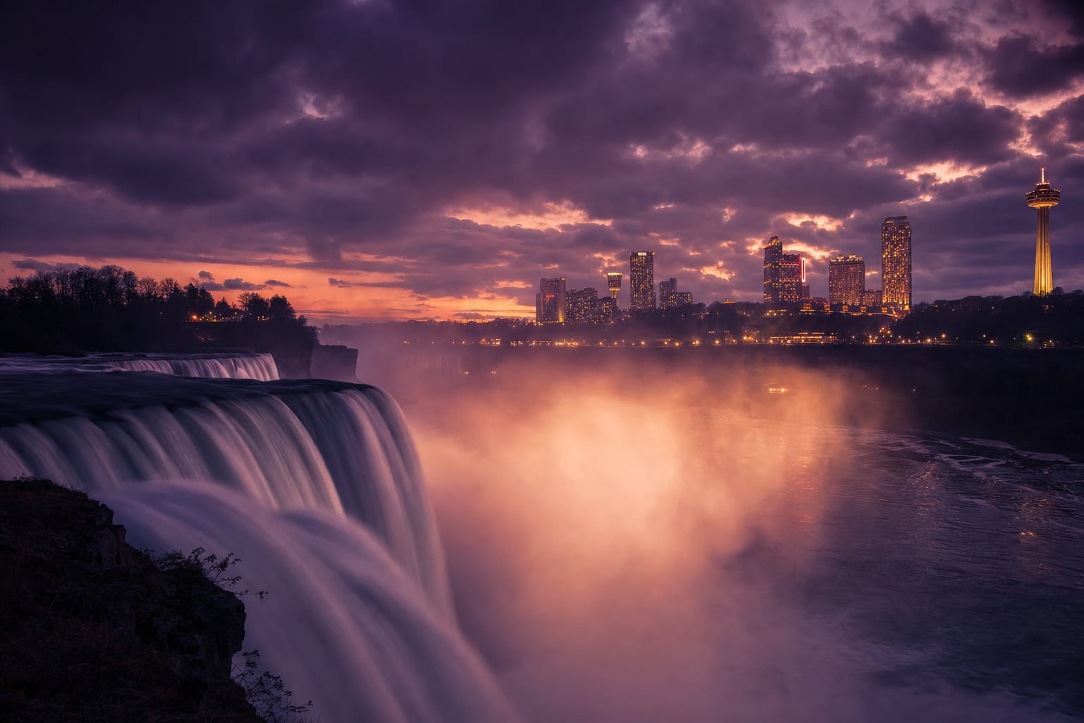 A dusk view of Niagara Falls with rising mist and a distant lit skyline