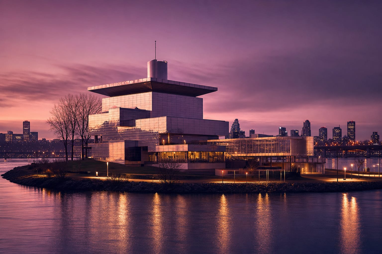 A modernist aluminium-clad pavilion by the water at dusk, evoking Montréal’s Île Notre-Dame